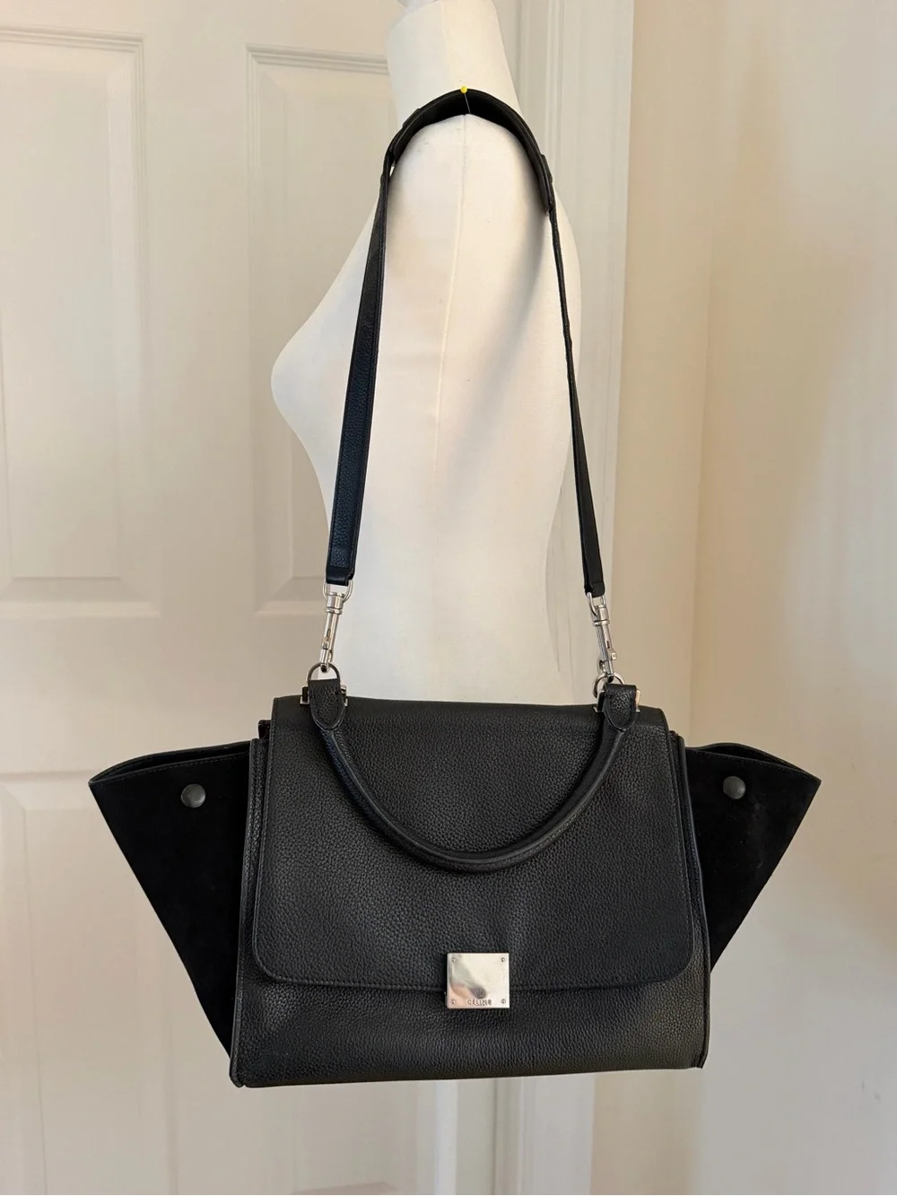 Authentic CELINE Small Trapeze Black Leather Suede Handbag
